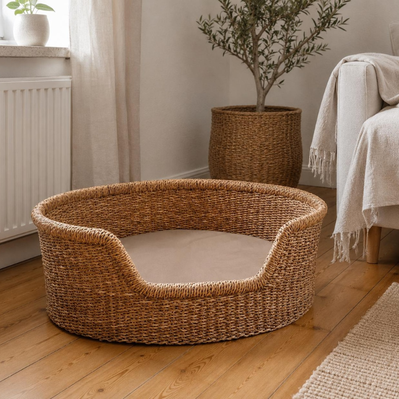 Woven Seagrass Dog Bed with Cushion