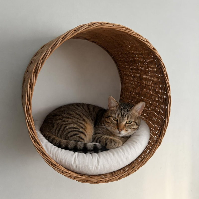Wicker Wall Mounted Cat Shelf with Pillow