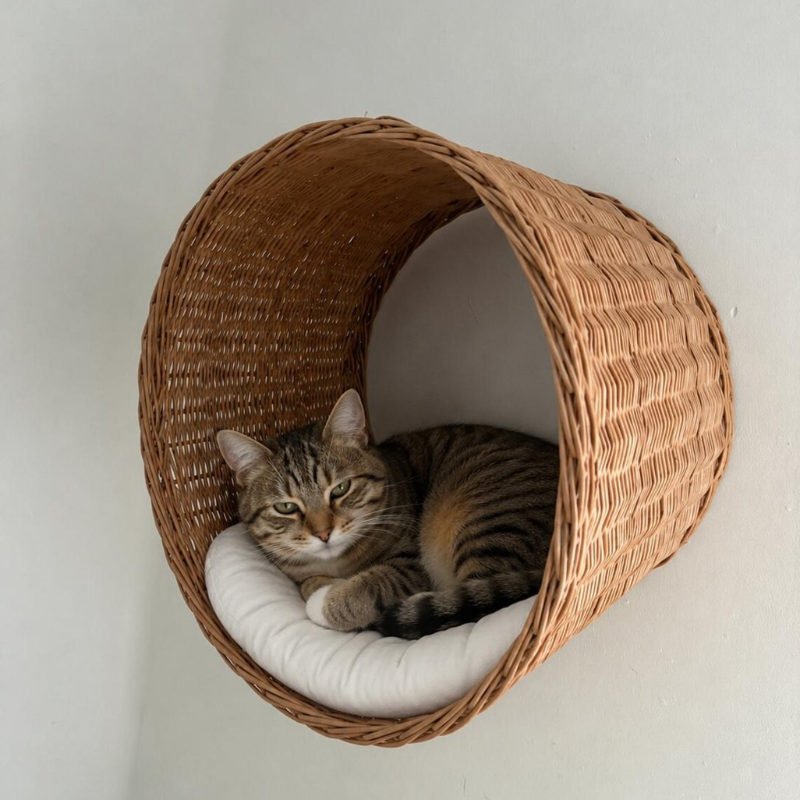 Wicker Wall Mounted Cat Shelf with Pillow