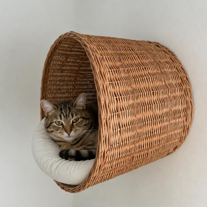 Wicker Wall Mounted Cat Shelf with Pillow