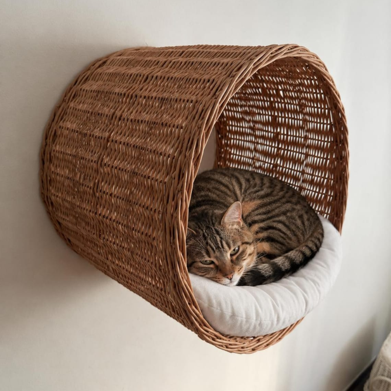 Wicker Wall Mounted Cat Shelf with Pillow
